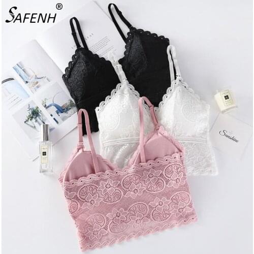 Women Fashion Wireless Bra Padded Bralette Deep V Lace Bras Summer Crop Top Embroidery Floral Tank Top