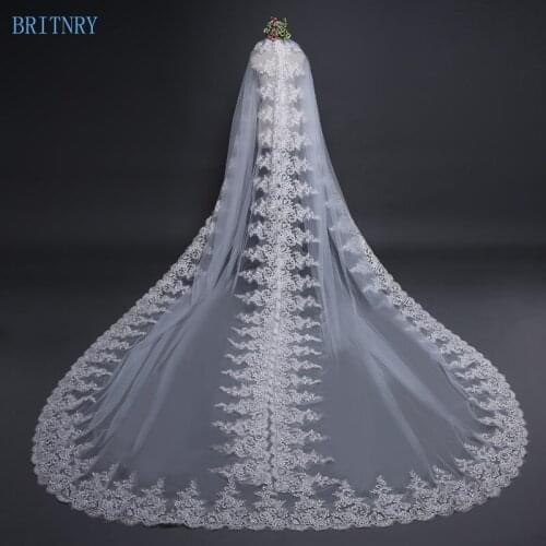 BRITNRY 2018 New Arrival Wedding Veils Lace Appliques Cathedral Wedding Veil with Comb High Quality Bridal Veil Real Photos