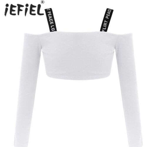 Kids Girls Letter Print One Shoulder Tank Tops Childrens Long Sleeve Crop Top Active Workout Running Gym Yoga Sports Bra Top