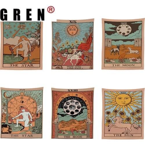 GREN Mandala Tarot Card Pattern Blanket Tapestry Hanging Tapestries Bedroom Bedspread Throw Cover Sun Moon Wall Decor 95x73CM