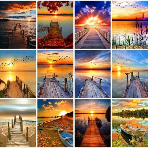 HUACAN 5D DIY Diamond Painting Kit Pier Landscape Diamond Embroidery Sale Sunset Rhinestones Mosaic Handmade Gift