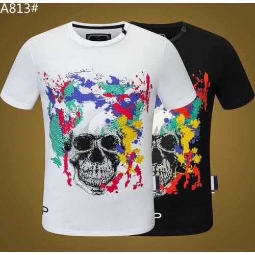 Italian Brand Men T-shirt Black Round Neck Short-Sleeved Fashion Plein T-shirt Splash Color Skull Kurzarm Camiseta para hombre
