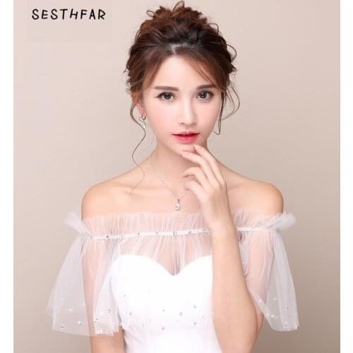 Short Wedding Bolero Sequins Crystal rhinestone Tulle Simple Women Bridal Cape Wraps Bridal Bridesmaids Accessories