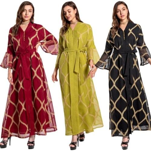 Muslim Casual Ladies Robe Dubai Long Skirt Embroidery Long-Sleeved Dress Autumn Womens Arabic Mesh Slim Fit Loose Abaya Clothing