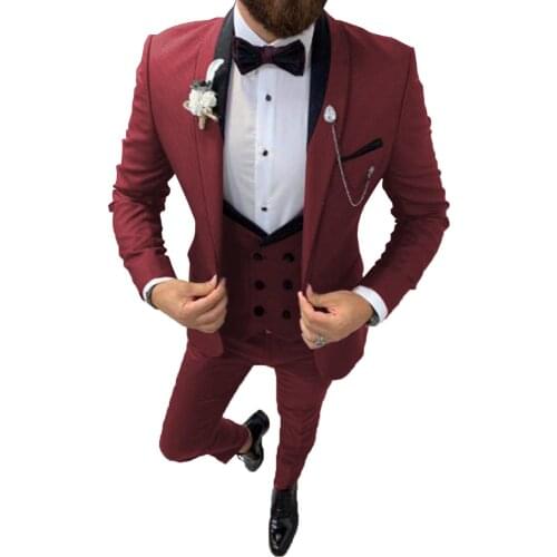 Men Suits 3 Pcs Slim Fit Business Gentleman Suits Groom Noble Burgundy Tuxedos for Formal Business Activity (Blazer+Pants+Vest)