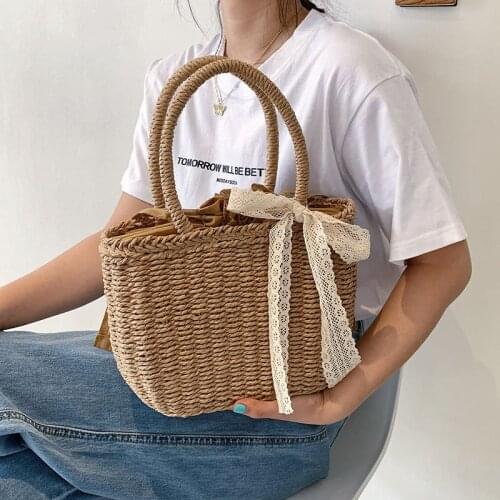 Summer Handmade Bags for Women 2021 Beach Weaving Ladies Straw Bag Wrapped Beach Bucket Bag Top Handle Handbags Totes Lace Bow