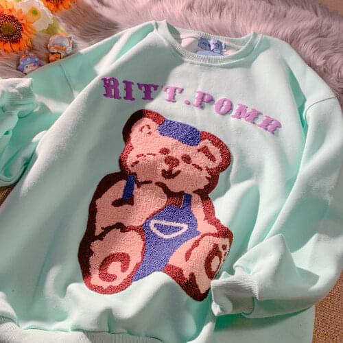 Harajuku Funny Bear Embroidery Crewneck Sweatshirt Women Pullovers Kawaii Japanese Fashion Teens Girls Clothes 2021 Autumn New