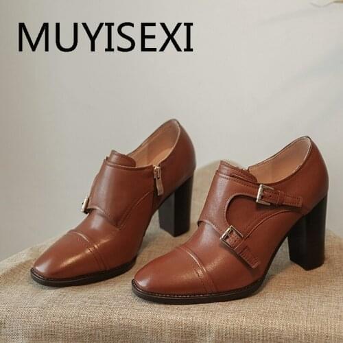 Sheepskin shoes women 8.5cm high heels genuine leather fashion zip buckle straps round toe mature women pumps DSHL06 MUYISEXI