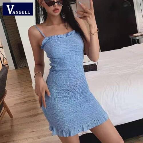 Vangull Sexy Sheath Solid Blue Sleeveless Draped Above Knee Dresses Spaghetti Strp High Waist Clup And Party Thin And Soft Dress