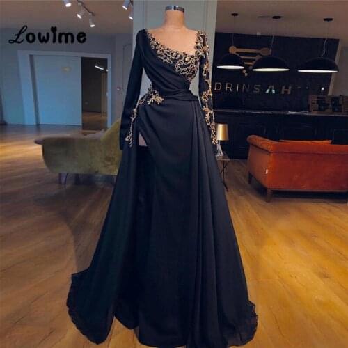 Vintage Black Evening Dresses Long Sleeves Party Gowns 2018 Robe De Soiree Dubai Turkish Muslim Abiye High Split Side Prom Dress