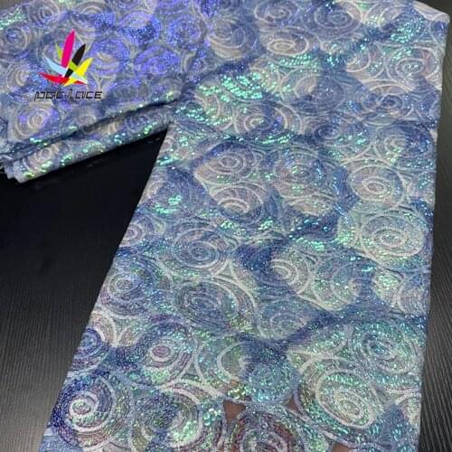 High Quality Sequin Tulle French Lace Fabric Blue Color Embroidered Leaves Flower Pattern African Nigerian Latest Design Latest