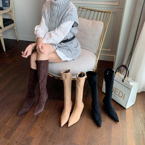Flock Women Knee High Heels Boots Slip On Sock Boots Soft Shoes Comfortable Autumn/Winter Booties Thin High Heels Elastic Botas