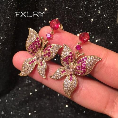 FXLRY Gorgeous Fashion AAA Cubic Zirconia Butterfly Earrings Fashionable Earrings For Women Pink Jewelry