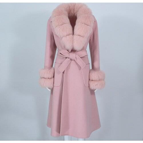 MENINA BONITA 2021 New X-long Cashmere Wool Blends Real Fur Coat Belt Winter Jacket Women Natural Fox Fur Collar Cuffs Outerwear