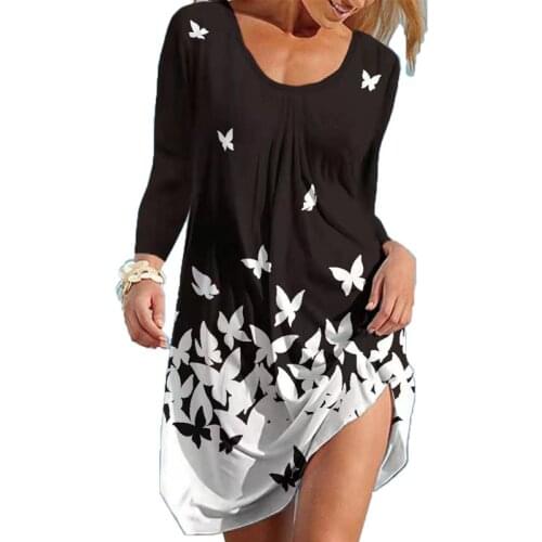 Oversized Dress Vintage Women Butterfly Floral Printed Long Sleeve Loose Mini Vestido Bodycon Plus Size S-3XL