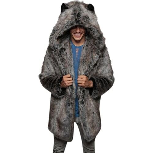 Winter Mens Faux Fur Coat With Hood Pockets Thick Warm Long Jacket Fashion Casual Outerwear Oversized Overcoat Plus Size S-5XL