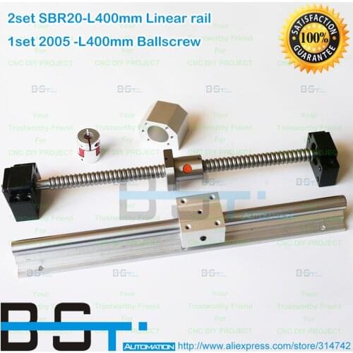 1x 2005 Ballscrew 400mm +BK15 BF15 Support +SFU2005 Nut Bracket+Jaw Coupling+2pcs SBR20 L400mm Linear rail support + 4x SBR20UU