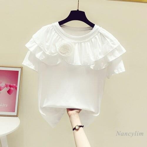 White Tshirt Women 2021 Summer New Korean Style Flower Stitching Round Neck Short Sleeve T-shirts Female All-Matching Tops