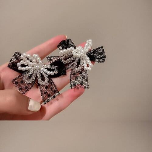 Black White Lace Simulated Pearl Flower Drop Earrings For Women Wedding Jewelry Fashion