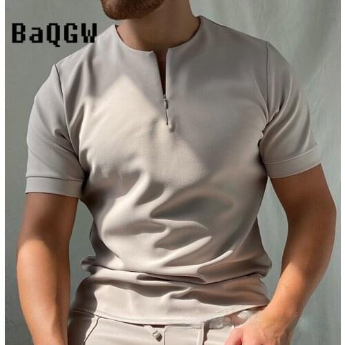 Spring/Summer New Simple Solid Color Zipper Short Sleeve Mens T-shirt Vintage O-neck Top Pullover Fashion Men Cothes Tee Tops