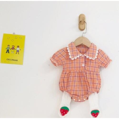 Toddler Girls Clothes Set Lovely Peter Pan Collar Girls Plaid Cosutme Short Sleeve Rural Style Baby Girl Climbing Romper Set