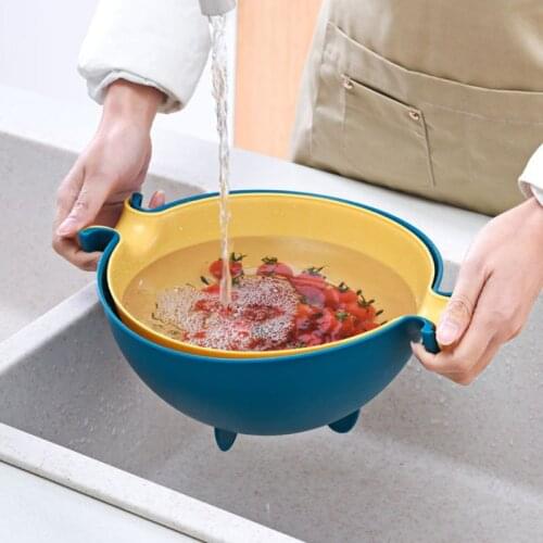 Kitchen Double Drain Basket Bowl Rice Washing Colander Strainer Fruit Storage M76D