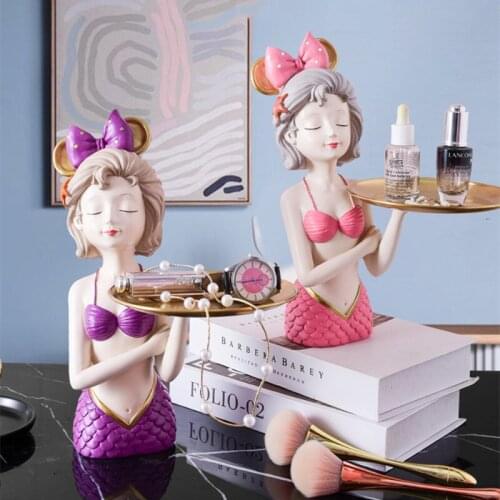 Cute Mermaid Tray Ornaments Living Room Home Decoration Porch Key Storage Snacks Fruit Storage Dish Nordic Style Resin Crafts