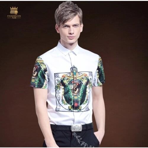 FanZhuan Free Shipping New fashion casual male Mens brand 2016 summer personality splicing prints Short Sleeve Shirt 612049