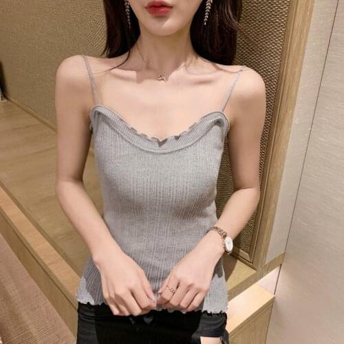 Sexy Ruffles Knitted Camisole Womens Summer Solid Color Tank Top Slip Knit Shirt Top Fashion 2021