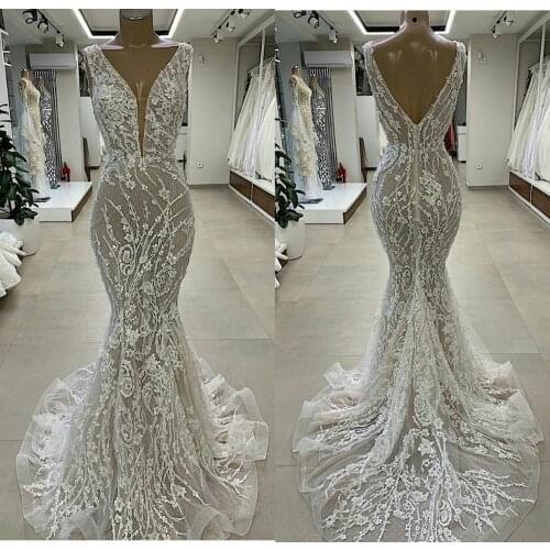 Real Image Mermaid Wedding Dresses Deep V Neck Lace Appliques Beach Wedding Dress 2020 Plus Size Robes De Mariée