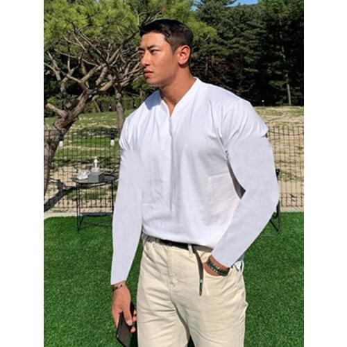 Casual Long Sleeve Cotton T-Shirt Men Gym Fitness Bodybuilding Workout Skinny Tops Male Pure Color Tee Sporty Fashion Clothing