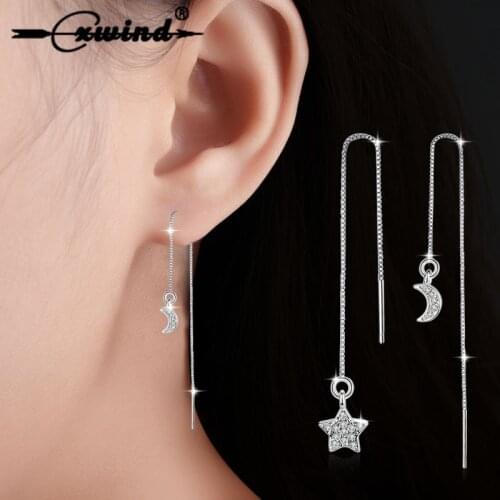 Cxwind Korea Fashion Star Moon Earring Jewelry Crystal Long Chain Asymmetrical Stars Moon Tassel Woman Earrings Wedding Bijoux