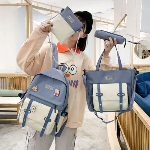 School Bag For Girl Women Backpack 4pcs Sets Casual Backpack Student New Kawaii Canvas Cute College Ladies Badge Shoulder Bag