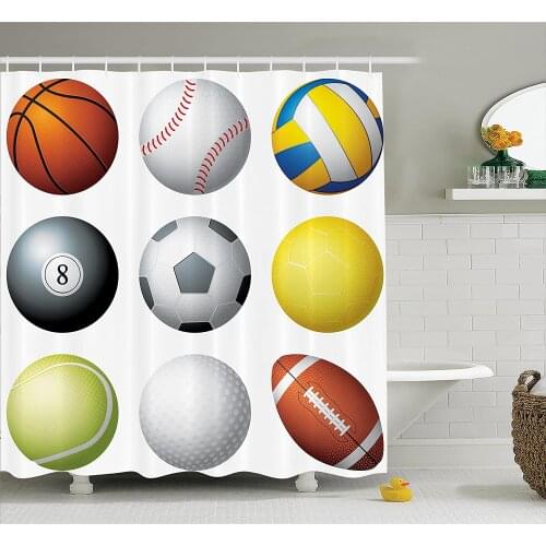 Sports Shower Curtain Diversified Sports Balls Objects in Diamond Or Circle Shape Recreational Exercise Bathroom Curtains