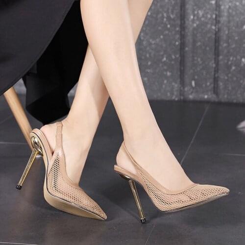 2021 New Spring Summer Sexy Mesh Pumps Female Pointed Toe Metal High Heels Slingbacks Stilleto Hollow Party Dress Pumps