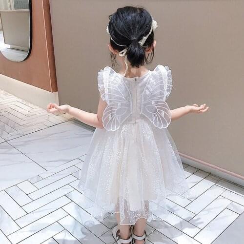 Korean Girls Butterfly Dress for Kids Lovely Dots Mesh Gauze Princess Party Gown Summer Clothing for Children