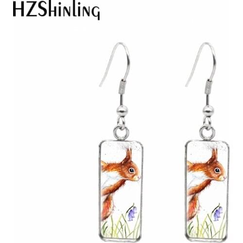2021 New Funny Squirrel Rectangular Earring Animal Art Fish Hook Earrings Glass Cabochon Handmade Jewelry