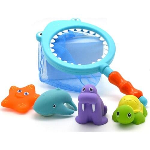 [Funny] Bath Toy Fishing game capture Spray dolphins Turtle Sea lions and Change color starfish Marine Animals set playing water