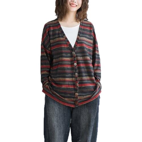 Womens Jacket 2020 Spring Autumn New Women Outerwear V-neck Long Sleeve Single-breasted Stripe Thin Coat Cardigan Female Tops