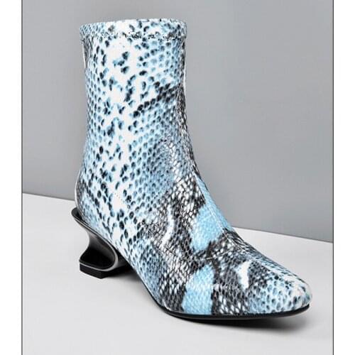 Women Stretch Boots Synthetic Snake Print Ankle Boots Hoof Heel Fashion Square Toe Ladies Sexy Shoes Large Size Chelsea Boots