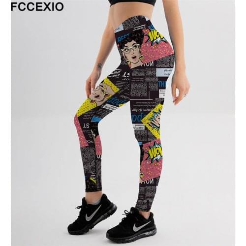 FCCEXIO Newspaper Text Comic Print Women Sexy High Waist Elasticity Leggings Push Up Strength Pants Summer Fitness Run Trousers