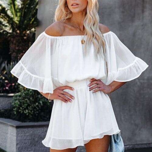 Womens Off Shoulder Flare Sleeves Chiffon Jumpsuit Solid Loose Elegant Female Playsuit Summer 2021 Beach Party Lady Clothes