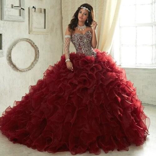 Burgundy Elegant Quinceanera Dresses with Frils 2019 Real Pictures Sexy Lace up Crystal Organza Sweet 15 16 Prom Gowns