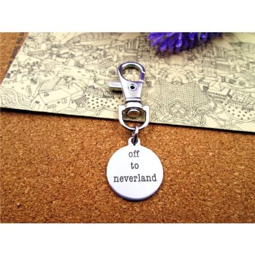 3pcs/lot high quality keychain with 20mm stainless steel circle round "off to neverland" charms keychain