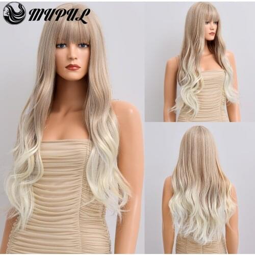 Long Blonde Ombre Wavy Daily Natural Synthetic Wig With Bangs For White Women Heat Resistant Girl Female Cosplay Hair Wigs