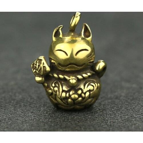 Vintage Copper Chinese Feng Shui Lucky Cat Miniatures Figurines Small Ornaments Brass Keychain Pendants Handmade Home Decor