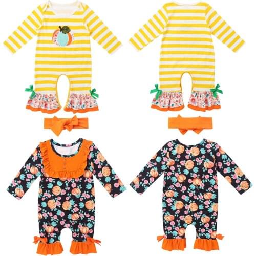 Newborn Infant Baby Girls Halloween Costume Long Sleeves Pumpkin Print Jumpsuit Kids Clothes Bodysuit Outfits For 6-24m Baby