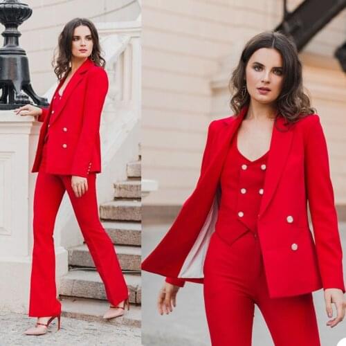 3 Pieces Set Women Suit Fashion Long Sleeve Jacket Office Lady Casual Custom Made Blazers Female Red Coats