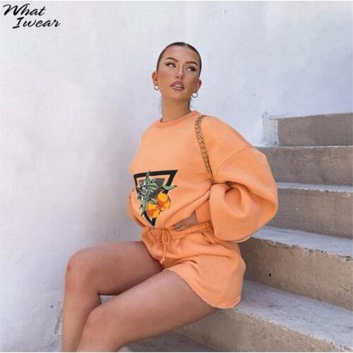 Whatiwear Print Harajuku Loose Casual Two Piece Set Women Autumn Outwear Long Sleeve O-Neck Top+Bandage Elastic Waist Shorts