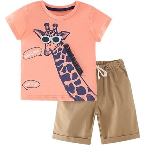 27 kids Children Summer Suit Boys Shorts and T-shirt Pants Solid Color Cartoon Giraffe Partern kids Cothes 2-7Years